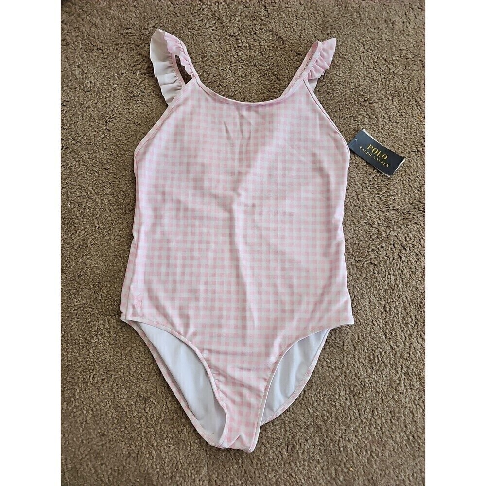 Polo Ralph Lauren Girl's Pink Gingham Ruffled One-Piece Swimsuit Size 16